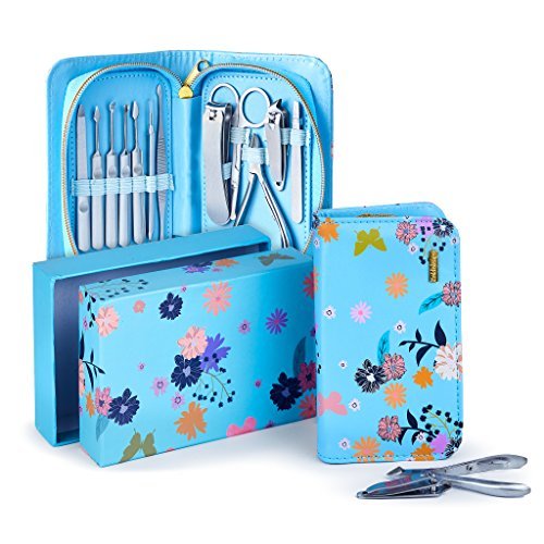 Manicure Pedicure Kit 12Pcs of Stainless Steel Manicure Pedicure Set, Ideal for Travel/ Home Comes With Exclusive Quality Floral Zipper Case (Blue) 