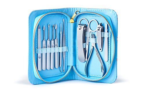 Manicure Pedicure Kit 12Pcs of Stainless Steel Manicure Pedicure Set, Ideal for Travel/ Home Comes With Exclusive Quality Floral Zipper Case (Blue) 