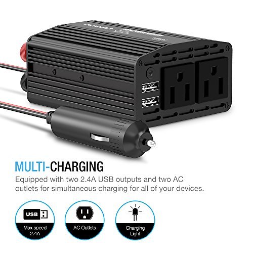 Maxboost 300W Power Inverter Dual 110V AC Outlet + Two 2.4A/24W USB Smart Ports Car Charger [Aluminum Body] DC 12V to 110V AC + DC 5V USB Battery Charger for laptop,iPad,iPhone,Tablet,phone