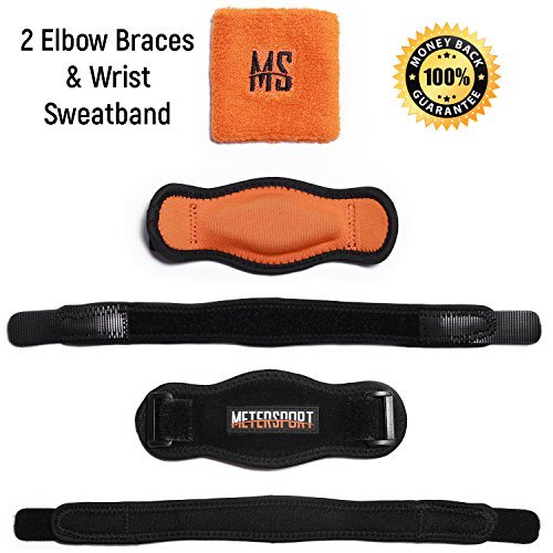 MeterSport - Best Tennis Elbow Brace (2 Count) with Compression Pad - Tennis and Golfer's Elbow Pain Relief - Prevents Elbow Tendonitis - Provides Tennis Elbow Support - Bonus Wristband & E-book