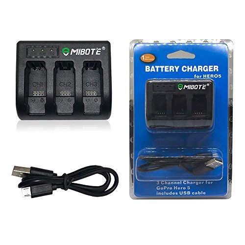 Mibote Rapid 3-Channel Battery Charger with USB Cable for GoPro Hero 5 Hero5 Black