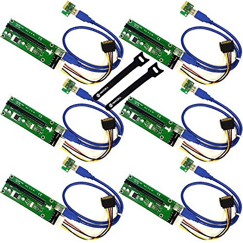 MintCell 6-Pack PCIe 4-Pin MOLEX PCI-E 16x to 1x Powered Riser Adapter Card w/ 60cm USB 3.0 Extension Cable & MOLEX to SATA Power Cable - GPU Riser Adapter Ethereum Mining ETH + 2 MintCell Cable Ties