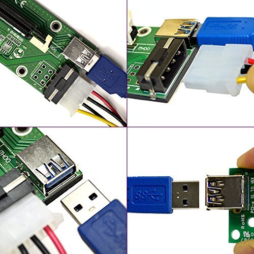 MintCell 6-Pack PCIe 4-Pin MOLEX PCI-E 16x to 1x Powered Riser Adapter Card w/ 60cm USB 3.0 Extension Cable & MOLEX to SATA Power Cable - GPU Riser Adapter Ethereum Mining ETH + 2 MintCell Cable Ties