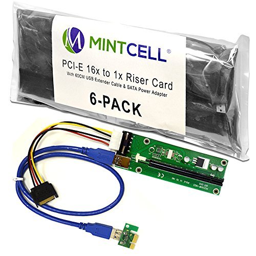 MintCell 6-Pack PCIe 4-Pin MOLEX PCI-E 16x to 1x Powered Riser Adapter Card w/ 60cm USB 3.0 Extension Cable & MOLEX to SATA Power Cable - GPU Riser Adapter Ethereum Mining ETH + 2 MintCell Cable Ties