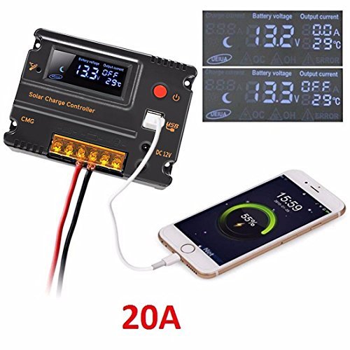 Mohoo 20A 12V 24V Auto Switch LCD Intelligent Solar Panel Battery Regulator Charge Controller Overload Protection Temperature Compensation