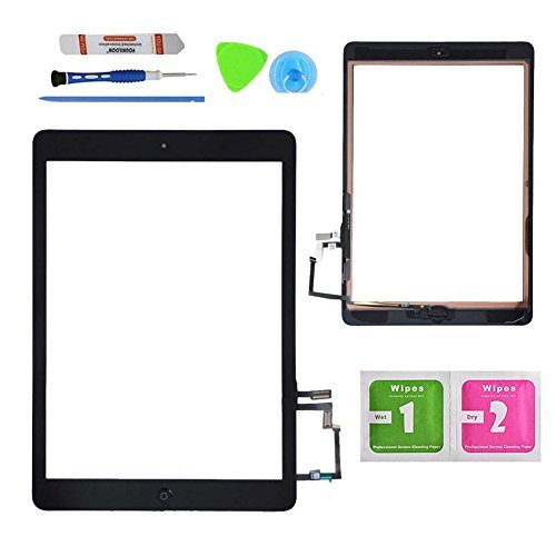 Monstleo Black Digitizer Touch Screen Outer Glass Panel for iPad Air 1st Gen Generation with Home Button Flex Cable Assembly + Premium Tools + Adhesive Tape