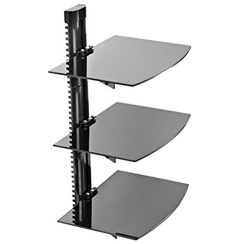 Mount Factory - Adjustable Wall Mount / Glass Floating AV DVD Component Shelf - 3 Tier - Black