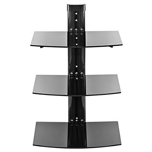 Mount Factory - Adjustable Wall Mount / Glass Floating AV DVD Component Shelf - 3 Tier - Black