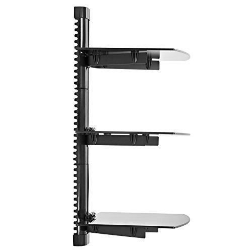 Mount Factory - Adjustable Wall Mount / Glass Floating AV DVD Component Shelf - 3 Tier - Black