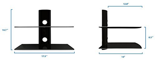 Mount-It! MI-802 Floating Wall Mounted Shelf Bracket Stand for AV Receiver, Component, Cable Box, Playstation4, Xbox1, VCR Player, Blue Ray DVD Player, Projector, Load Capacity 44 lbs, Two Shelves, Tinted Tempered Glass