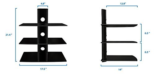 Mount-It! MI-803 Floating Wall Mounted Shelf Bracket Stand for AV Receiver, Component, Cable Box, Playstation4, Xbox1, VCR Player, Blue Ray DVD Player, Projector, Load Capacity 66 lbs, Three Shelves, Tinted Tempered Glass