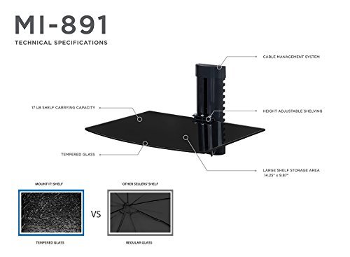 Mount-It! MI-891 Floating Wall Mounted Shelf Bracket Stand for AV Receiver, Component, Cable Box, Playstation4, Xbox1, DVD Player, Projector, 17.6 Lbs Capacity, 1 Shelf, Tinted Tempered Glass