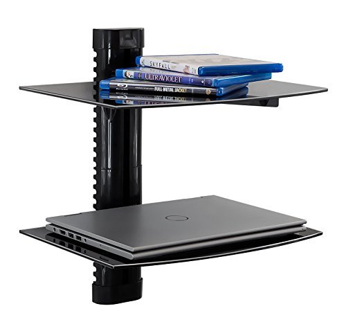 Mount-It! MI-892 Floating Wall Mounted Shelf Bracket Stand for AV Receiver, Component, Cable Box, Playstation4, Xbox1, DVD Player, Projector, 35.2 Lbs Capacity, 2 Shelves, Tinted Tempered Glass