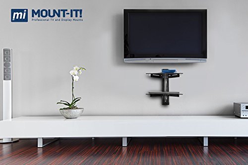 Mount-It! MI-892 Floating Wall Mounted Shelf Bracket Stand for AV Receiver, Component, Cable Box, Playstation4, Xbox1, DVD Player, Projector, 35.2 Lbs Capacity, 2 Shelves, Tinted Tempered Glass