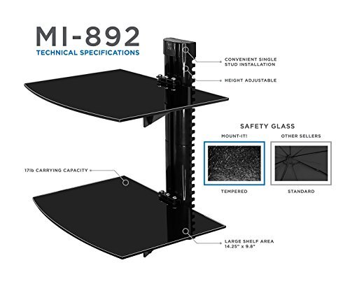 Mount-It! MI-892 Floating Wall Mounted Shelf Bracket Stand for AV Receiver, Component, Cable Box, Playstation4, Xbox1, DVD Player, Projector, 35.2 Lbs Capacity, 2 Shelves, Tinted Tempered Glass