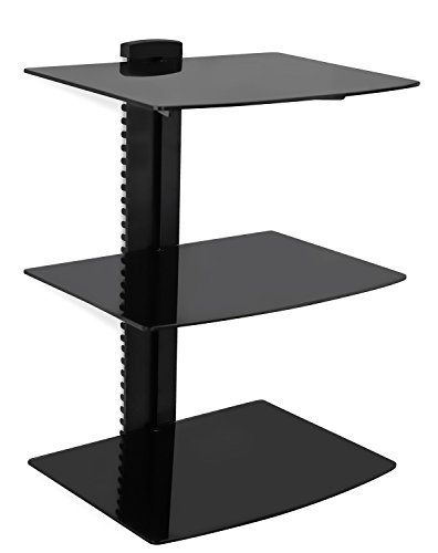 Mount-It! MI-893 Floating Wall Mounted Shelf Bracket Stand for AV Receiver, Component, Cable Box, Playstation4, Xbox1, DVD Player, Projector, 53 Lbs Capacity, 3 Shelves, Tinted Tempered Glass