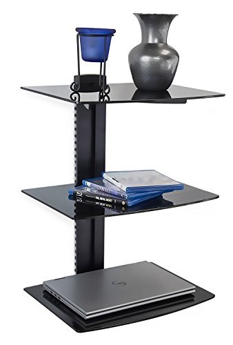 Mount-It! MI-893 Floating Wall Mounted Shelf Bracket Stand for AV Receiver, Component, Cable Box, Playstation4, Xbox1, DVD Player, Projector, 53 Lbs Capacity, 3 Shelves, Tinted Tempered Glass