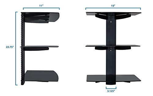 Mount-It! MI-893 Floating Wall Mounted Shelf Bracket Stand for AV Receiver, Component, Cable Box, Playstation4, Xbox1, DVD Player, Projector, 53 Lbs Capacity, 3 Shelves, Tinted Tempered Glass