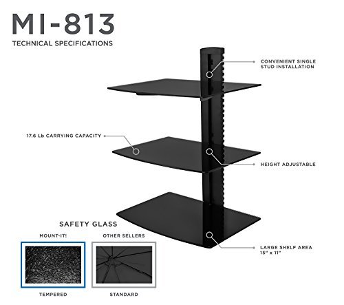 Mount-It! Wall Mounted AV Component Shelving System with 3 Adjustable Tempere...