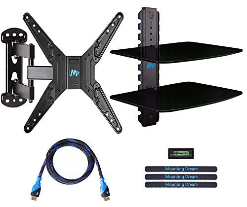 Mounting Dream MD2413-KT Full Motion TV Wall Mount and DVD Floating Shelf with Two Tiers DVD Shelves, TV Mount Fits Most of 26-55 Inch TVs up to 60 LBS with Max VESA of 400 x 400mm, 19.4” Extension