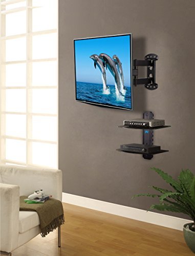 Mounting Dream MD2413-KT Full Motion TV Wall Mount and DVD Floating Shelf with Two Tiers DVD Shelves, TV Mount Fits Most of 26-55 Inch TVs up to 60 LBS with Max VESA of 400 x 400mm, 19.4” Extension