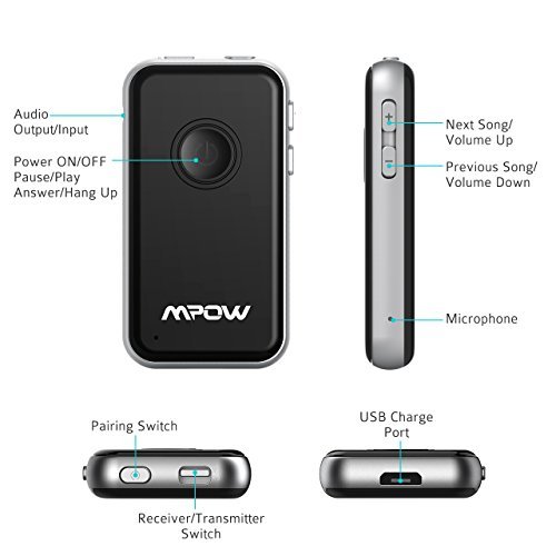 Mpow Bluetooth 4.1 Transmitter/Receiver, with 3.5mm Audio Cable/RCA Cables Connected to TV & Paired with 2 Bluetooth Headphones At Once In TX Mode,Built with Micphone for Hands-free Calling in RX Mode