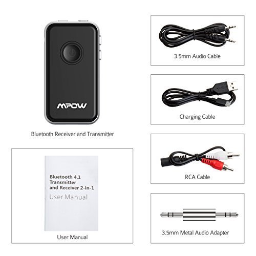 Mpow Bluetooth 4.1 Transmitter/Receiver, with 3.5mm Audio Cable/RCA Cables Connected to TV & Paired with 2 Bluetooth Headphones At Once In TX Mode,Built with Micphone for Hands-free Calling in RX Mode