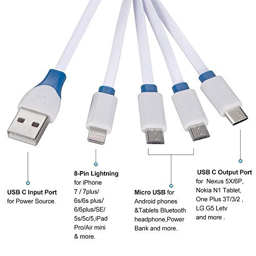 Multi USB Charging Cable,Znines 3.3Ft 4 in 1 Multiple USB Charger Cable Adapter Connector with Type C / 8 Pin Lighting / 2 Micro USB Ports for iPhone 7 7 Plus, Nexus 6P/5X, OnePlus 3, LG G5 and More