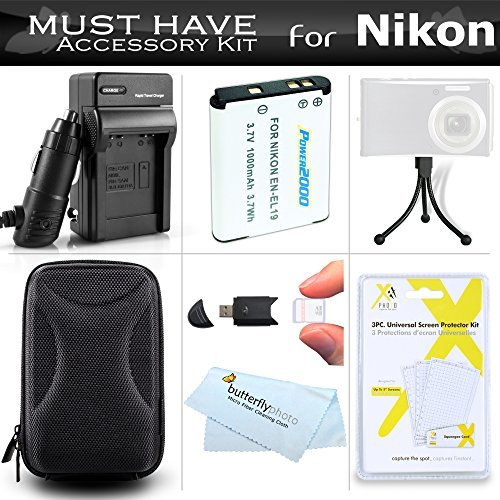 Must Have Accessory Kit For Nikon Coolpix S3700, S2800, S2900, S33, S7000, S6900, S4300, S6500, S3200, S6800, S3600, A300, W100 Digital Camera Includes Replacement EN-EL19 Battery + Charger + Case ++