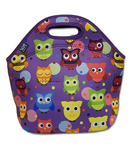 Neoprene Insulated Lunch Bag Tote with Zipper, for Women, Girls, Kids, Large, Lunch Box for School, Work - Purple Owls, by Wai World