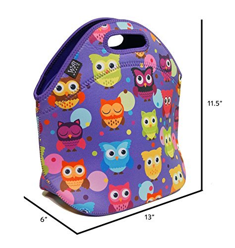 Neoprene Insulated Lunch Bag Tote with Zipper, for Women, Girls, Kids, Large, Lunch Box for School, Work - Purple Owls, by Wai World