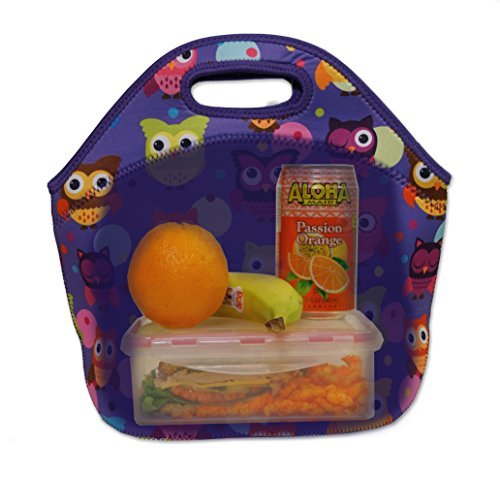 Neoprene Insulated Lunch Bag Tote with Zipper, for Women, Girls, Kids, Large, Lunch Box for School, Work - Purple Owls, by Wai World