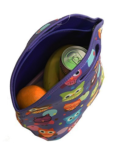 Neoprene Insulated Lunch Bag Tote with Zipper, for Women, Girls, Kids, Large, Lunch Box for School, Work - Purple Owls, by Wai World