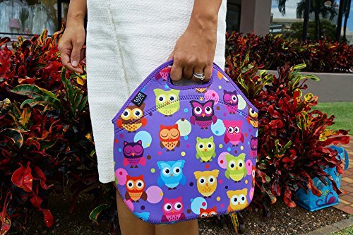 Neoprene Insulated Lunch Bag Tote with Zipper, for Women, Girls, Kids, Large, Lunch Box for School, Work - Purple Owls, by Wai World