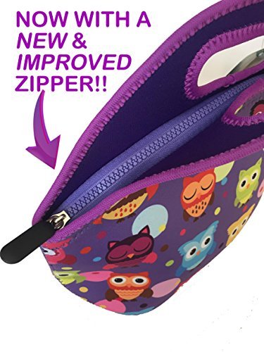 Neoprene Insulated Lunch Bag Tote with Zipper, for Women, Girls, Kids, Large, Lunch Box for School, Work - Purple Owls, by Wai World