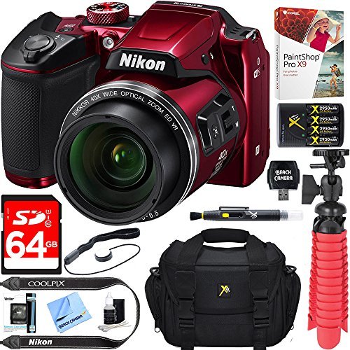 Nikon COOLPIX B500 16MP 40x Optical Zoom Digital Camera w/ Built-in Wi-Fi NFC & Bluetooth (Red) + 64GB SDXC Accessory Bundle