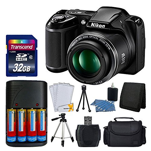 Nikon COOLPIX L340 20MP Digital Camera (Black) + AA Batteries & Charger + Transcend 32GB SDHC Memory Card + 50" Quality Tripod - Full Value Bundle - International Version (No Warranty)