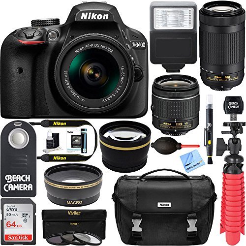 Nikon D3400 24.2 MP DSLR Camera + AF-P DX 18-55mm & 70-300mm NIKKOR Zoom Lens Kit + 64GB Memory Bundle + Nikon Photo Bag + Wide Angle Lens + 2x Telephoto Lens + Flash + Remote +Tripod+Filters (Black)