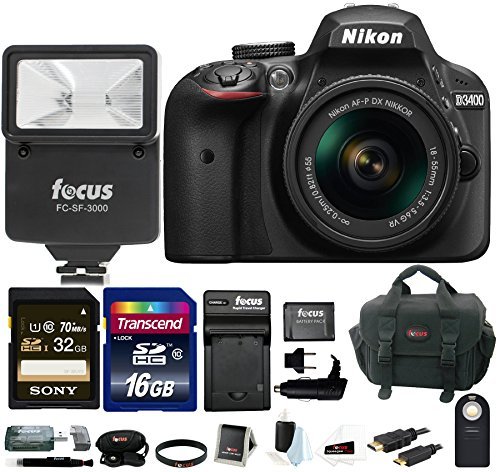 Nikon D3400 DSLR Camera with AF-P DX 18-55mm Lens (Black), + Flash + SLR Photo Bag + Batteries and Charger + Remote + 48GB Card Bundle