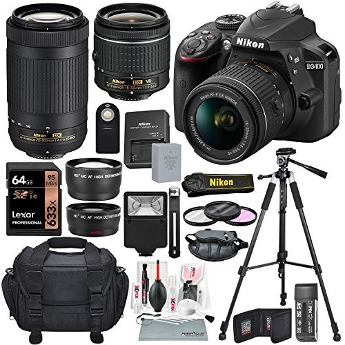 Nikon D3400 with AF-P DX NIKKOR 18-55mm f/3.5-5.6G VR + Nikon AF-P DX NIKKOR 70-300mm f/4.5-6.3G ED Lens + 64GB, Deluxe Accessory Bundle and Xpix Cleaning Accessories