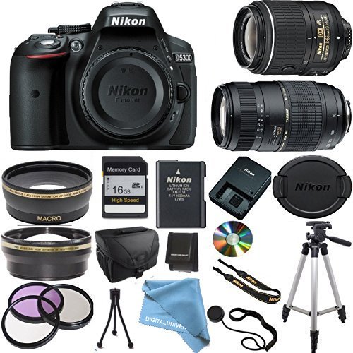 Nikon D5300 Camera Body with Nikon 18-55 VR Lens, Tamron 70-300mm Zoom Lens, Wide Angle Lens, Telephoto Lens, High Speed Memory Card, Camera Case, Full Size Pro Tripod, 3Pcs Filter Kit and More