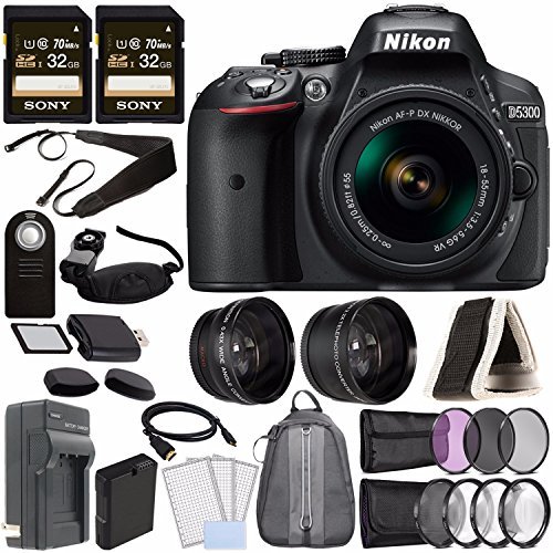 Nikon D5300 DSLR Camera with 18-55mm AF-P DX Lens (Black) + Battery + Charger + Sony 32GB Card + HDMI + Backpack Case + Remote Bundle