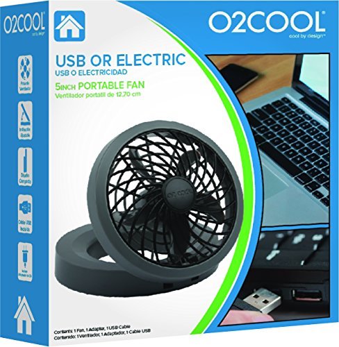 O2COOL 5\" Portable USB or Electric Fan, Black/Gray