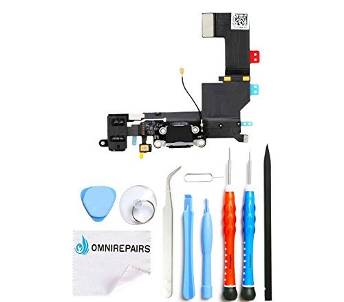 Omnirepairs-For Black iPhone SE Charging USB Lightning Port Flex Cable + Microphone + Headphone Audio Jack Replacement Assembly + Tools (Black)