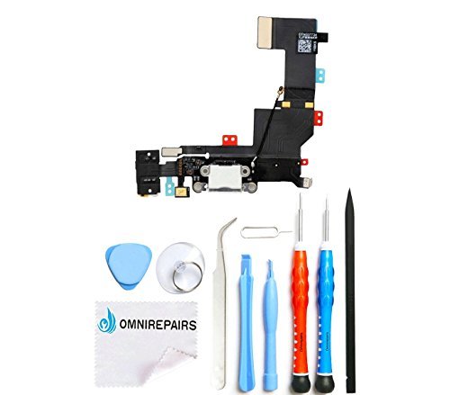 Omnirepairs-For White iPhone SE A1662, A1723 Charging USB Lightning Port Flex Cable + Microphone + Headphone Audio Jack Replacement Assembly + Tools (White)