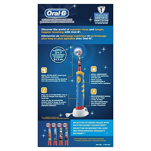 Oral-B Kid's Rechargeable Electric Toothbrush featuring Disney Character,For Children 3+ Years, Character May Vary with Pixars Car's or Dory, 1 pack 