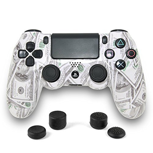 PS4 Dualshock 4 Full Controller with Custom CASH MONEY Print Shell, Bundled with 4 Custom Thumbstick Covers ( GOLD BAG )