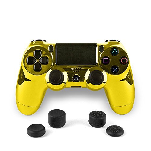 PS4 Dualshock 4 Full Controller with Custom Chrome Gold Shell, Bundled with 4 Custom Thumbstick Covers ( GOLD BAG )