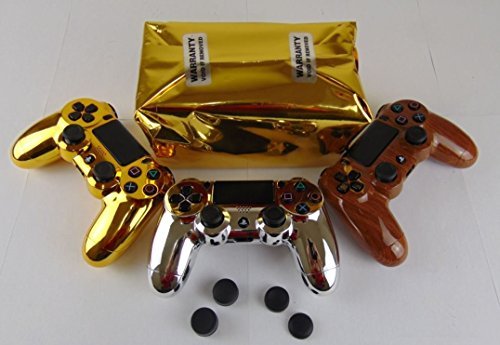 PS4 Dualshock 4 Full Controller with Custom Chrome Gold Shell, Bundled with 4 Custom Thumbstick Covers ( GOLD BAG )