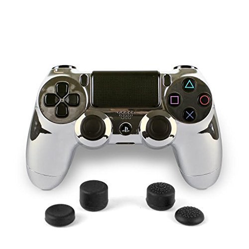 PS4 Dualshock 4 Full Controller with Custom Chrome Silver Shell, Bundled with 4 Custom Thumbstick Covers ( GOLD BAG )